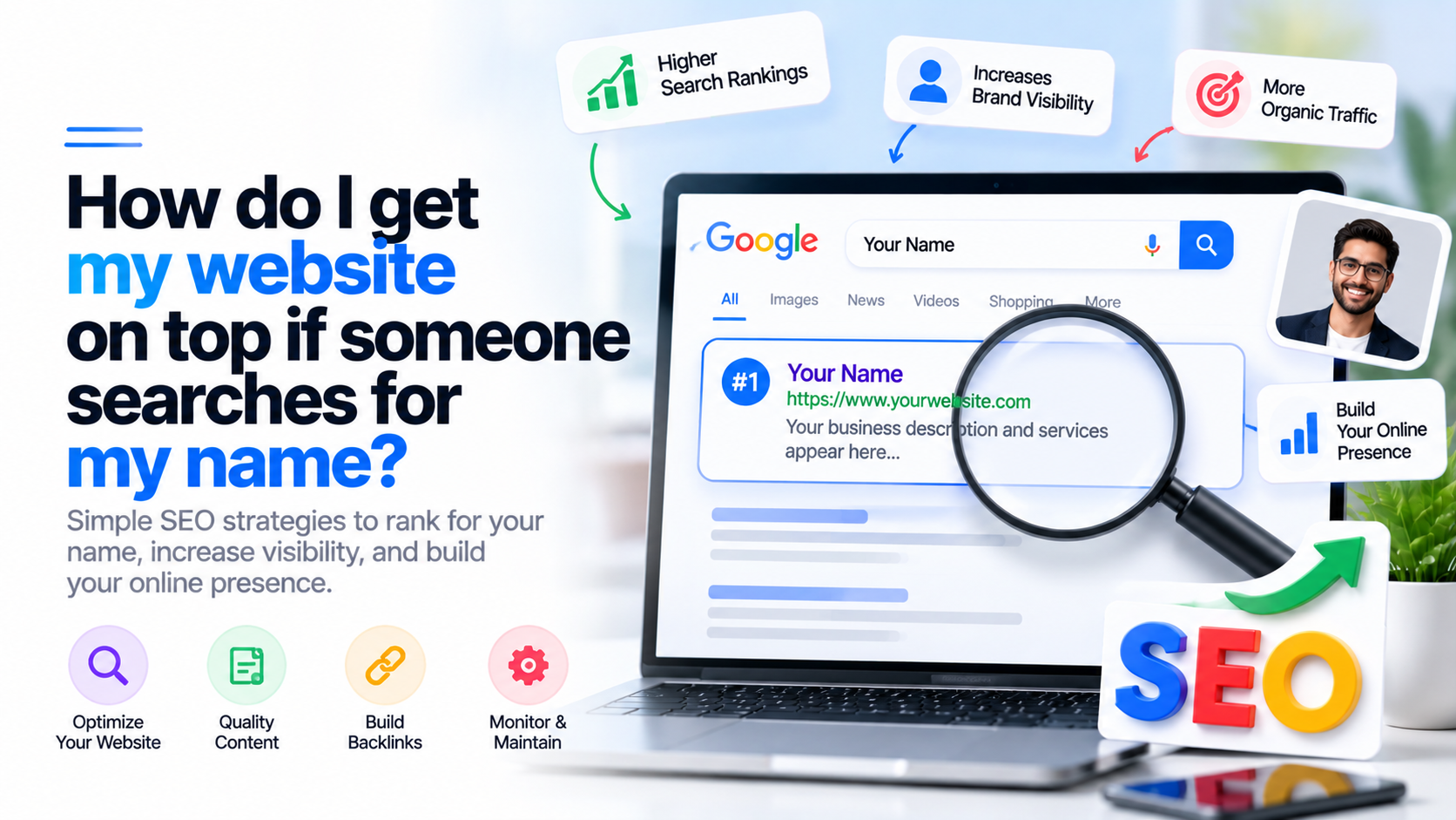 How do I get my website on top if someone searches for my name?